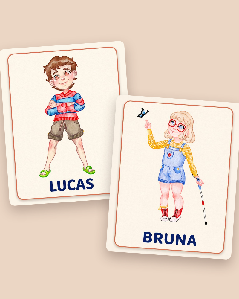 Cartões ilustrados dos personagens Lucas e Bruna