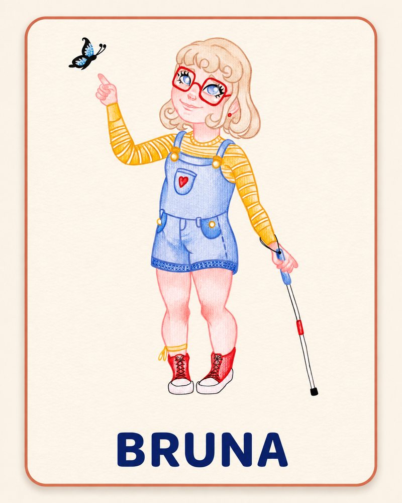 Ilustração da personagem Bruna, menina de óculos e jardineira